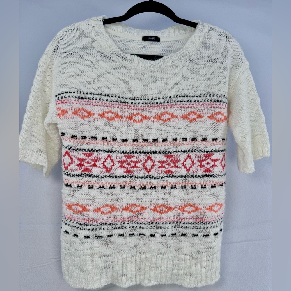 F&F Tesco Womens Knit Sweater US M Cream Coral Fair Isle Short Sleeve Pullover